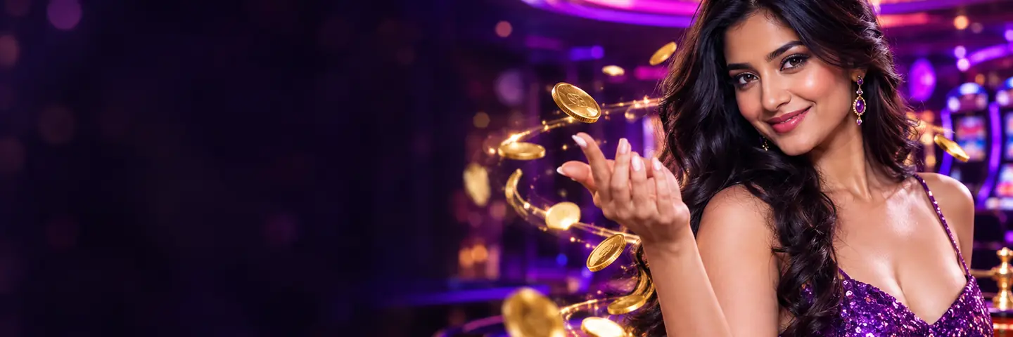 Woman in a purple dress with golden coins – DarazPlay weekly cashback