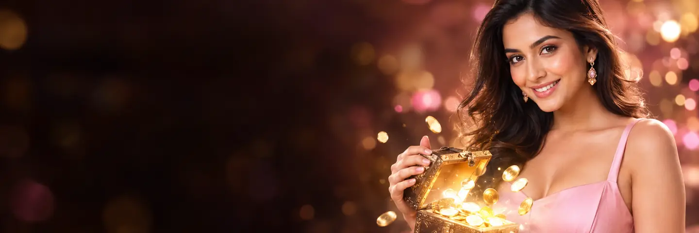 Woman in a pink dress opening a treasure chest – DarazPlay daily check-in rewards