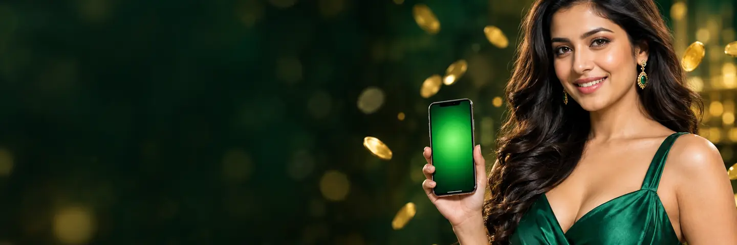 Woman in a green dress holding a smartphone – DarazPlay deposit bonus