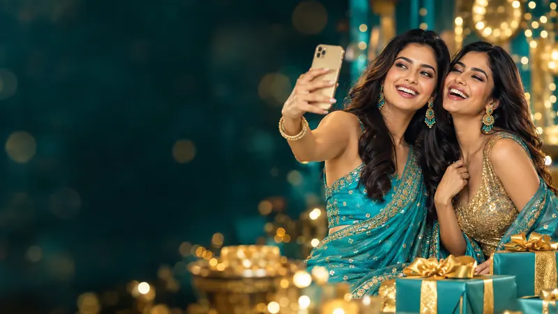 Two friends taking a selfie with gift boxes – DarazPlay referral bonus