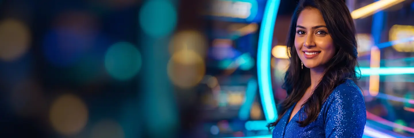 Woman in a blue dress in a neon game hall – DarazPlay slots