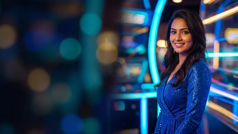 Woman in a blue dress in a neon game hall – DarazPlay slots
